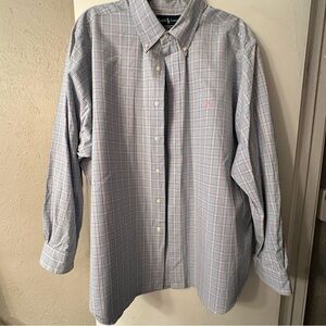 Ralph Lauren Light Blue Plaid Button-Down Shirt with Pink Logo Spring Preppy